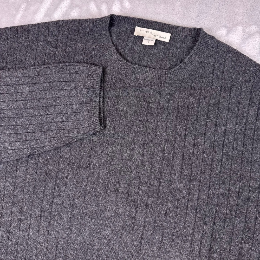 Kinross Cashmere Ribbed Crew Neck 100% Cashmere Sweater Mens Large Gray Pullover